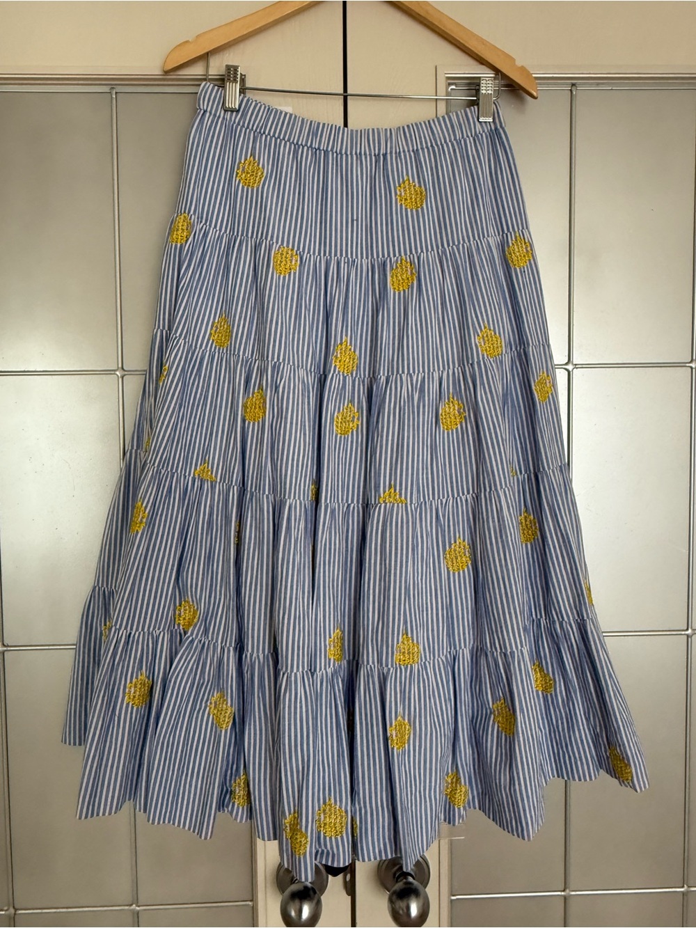 J. Crew Blue & White Striped Tiered Maxi Skirt with Yellow Embroidered Dots
